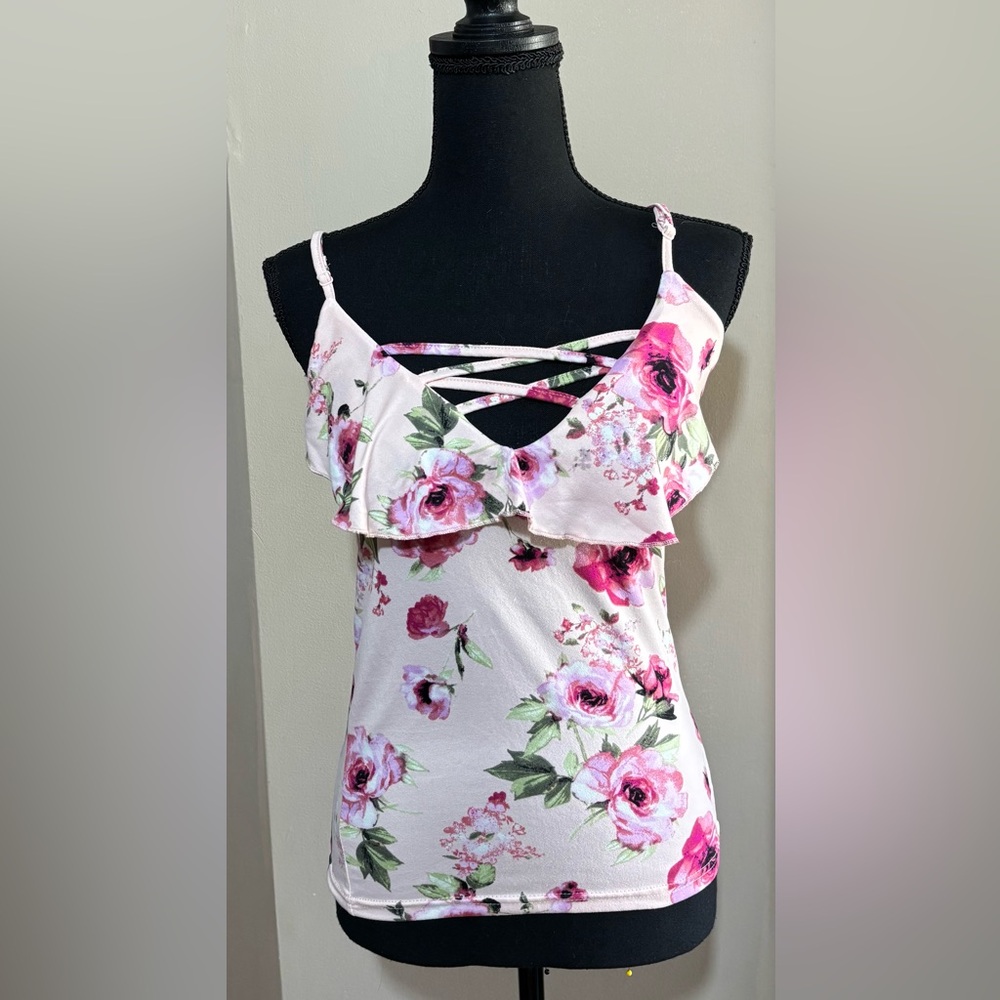Pink floral strappy top with ruffle neckline. Adjustable straps. Size S.